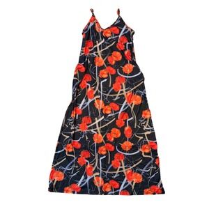Women Floral Print Spaghetti Strap Maxi Dress Size S Black Orange Pockets